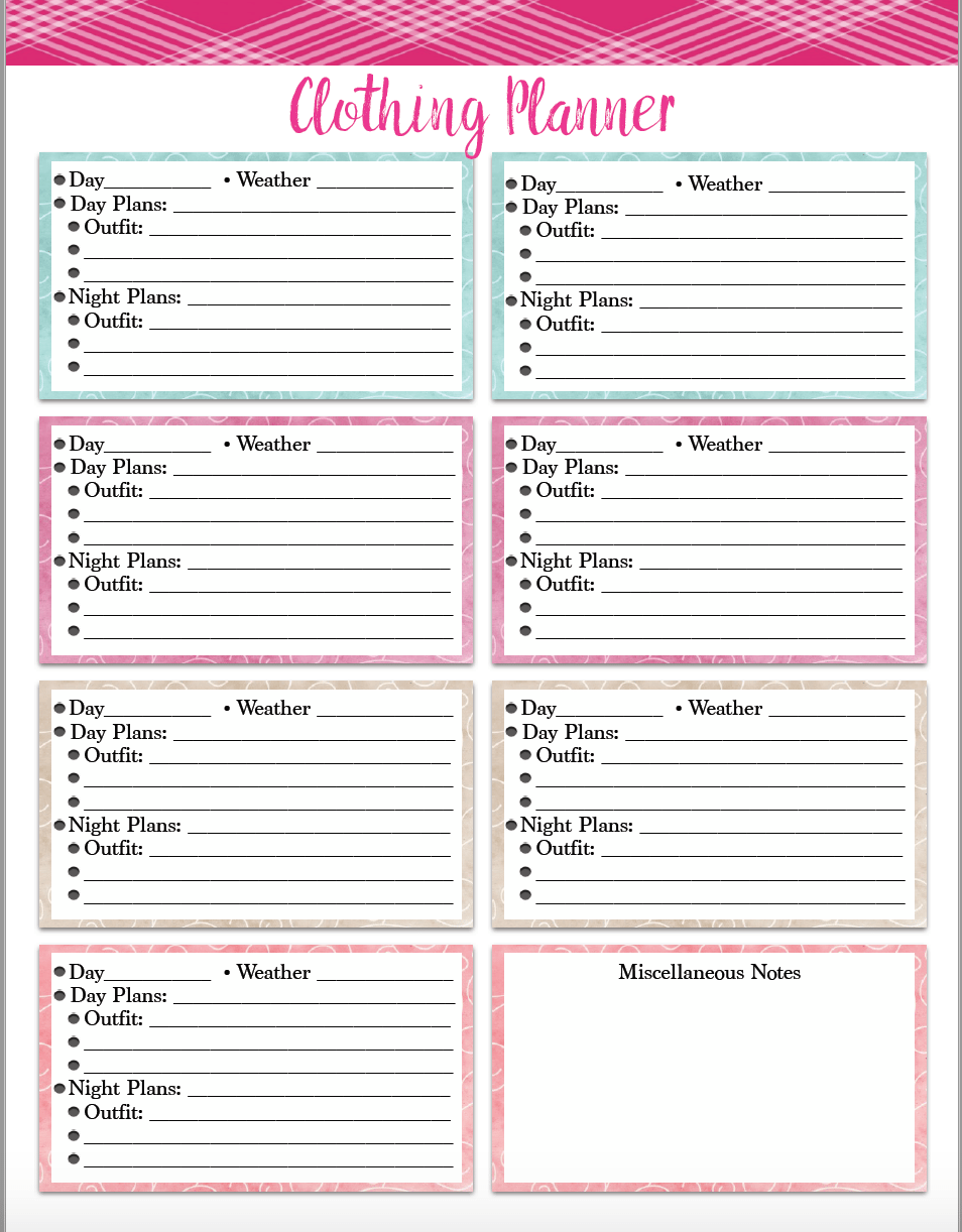 Free Printable Vacation Clothing Planner Day Night Travel Packing List