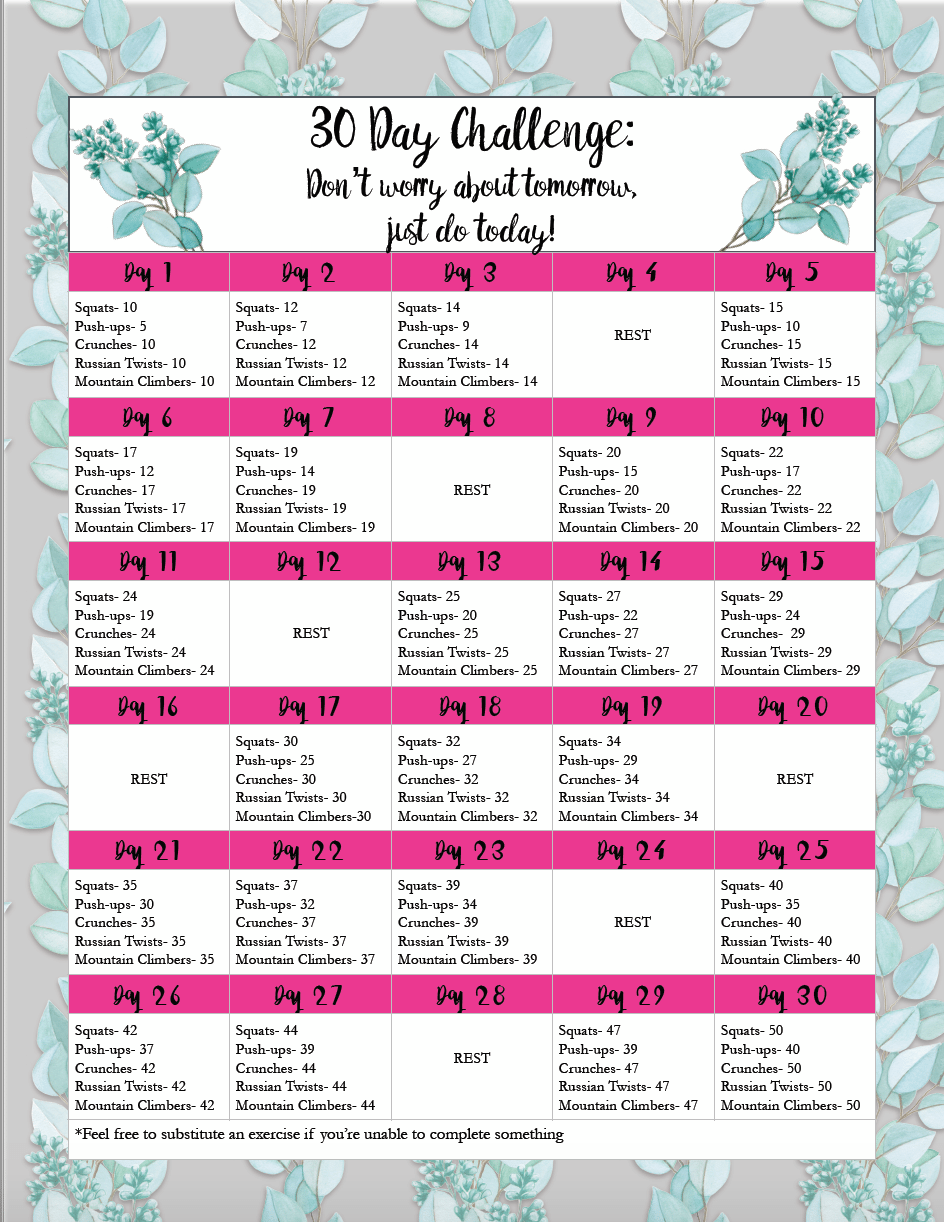 Free Exercise Printable 30-Day Challenge: Easy, Medium, & Hard Levels!