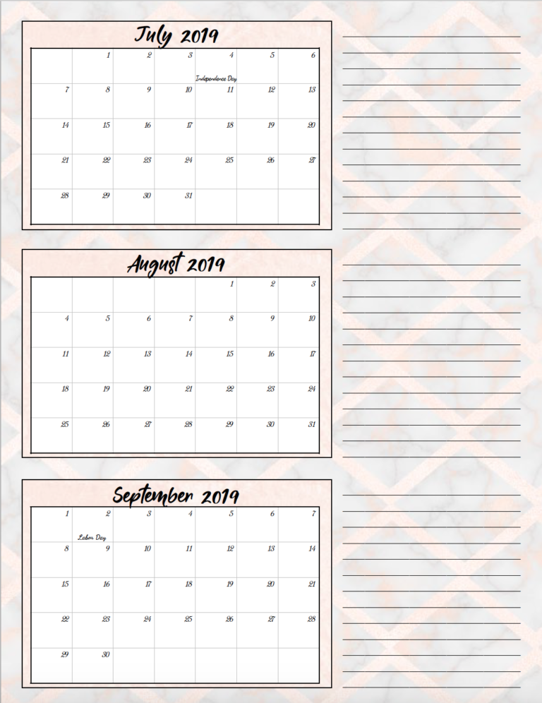 Free Printable 2019 Quarterly Calendars with Holidays: 3 Designs