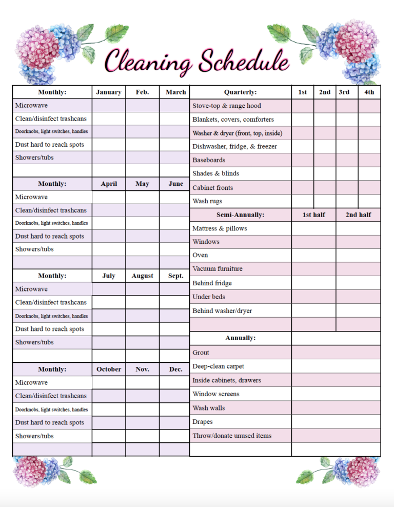 Free Printable House Cleaning Schedule - Printable Word Searches