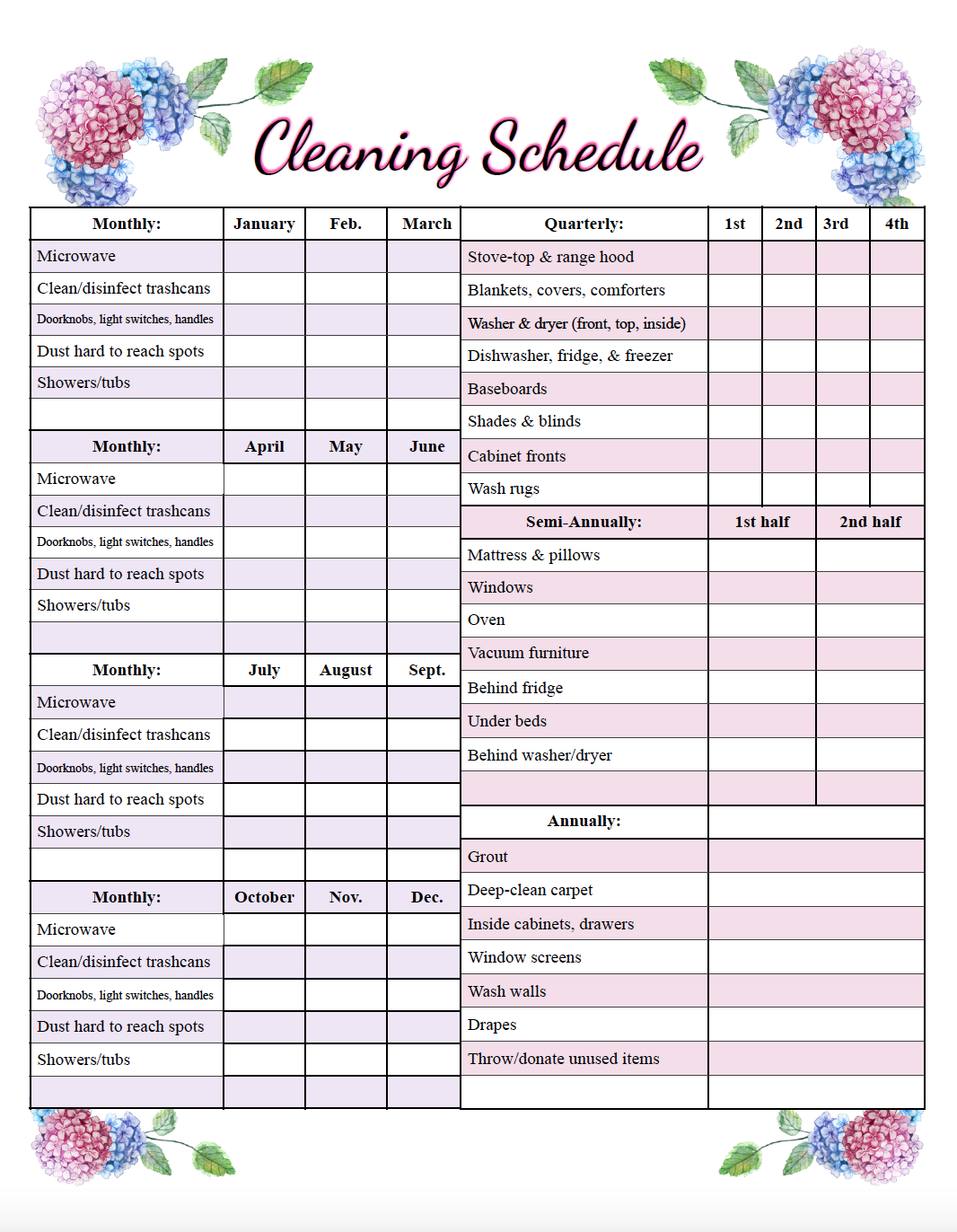 cleaning schedules for work printable
